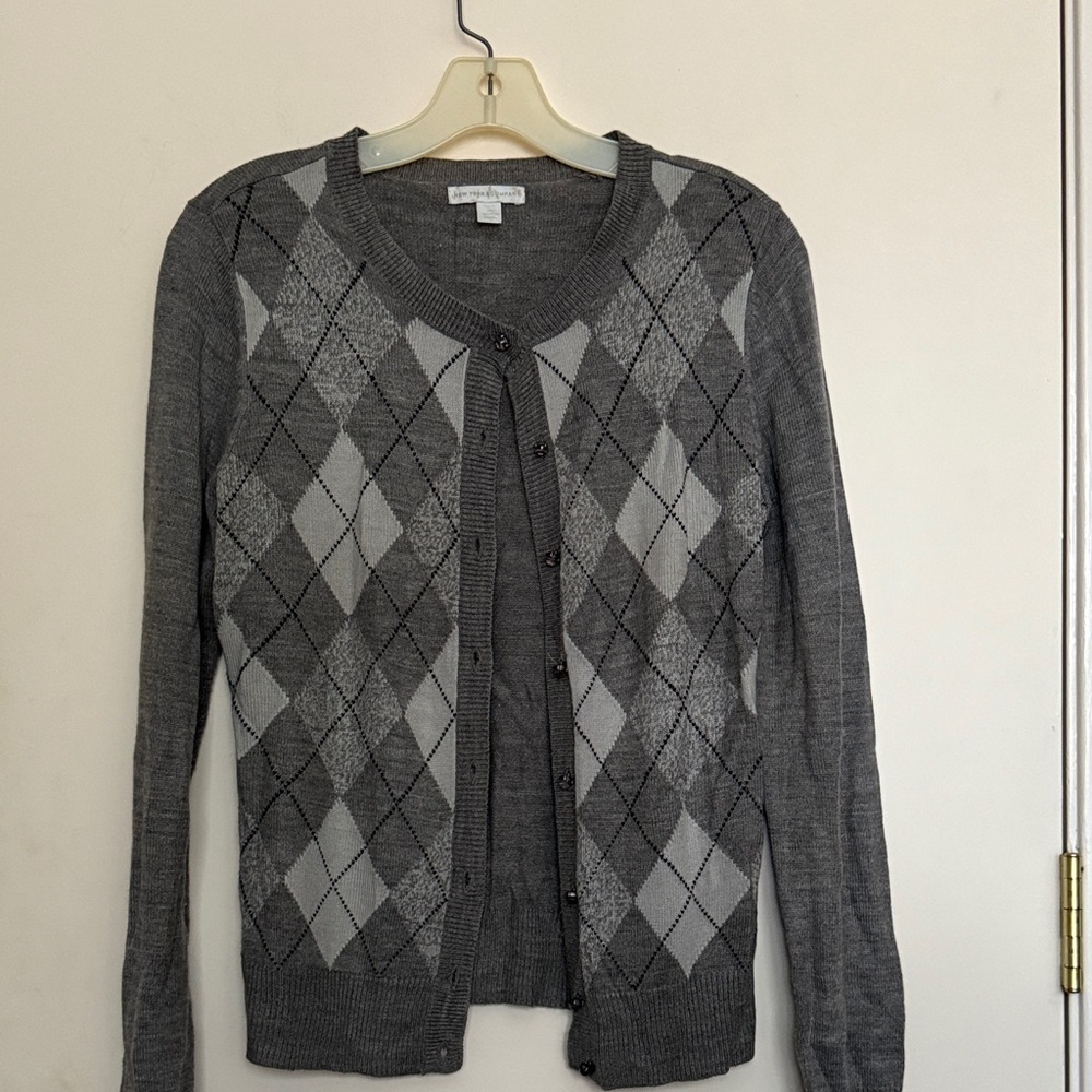 New York & Company Gray Argyle Cardigan